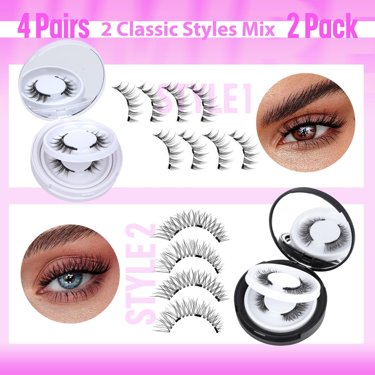 JIMIRE Magnetic Eyelashes without Eyeliner Natural Look Clear Band Wispy Magnetic Lashes with Applicator Reusable Magnetic Eyelashes No Glue Needed Magnetic Lashes False Eyelashes 4 Pairs 2 Pack