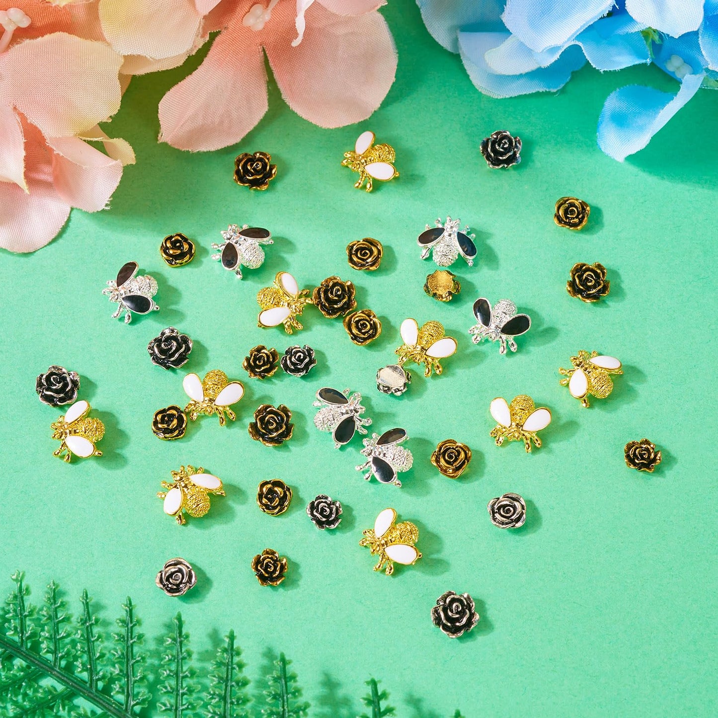 Craftdady 60Pcs Alloy Enamel Bee Rose Nail Art Cabochons Antique Flower Nail Charms Flatbak Metal Nail Beads for Nail Art Scrapbooking DIY Hair Clip Crafts Jewelry Making Supplies