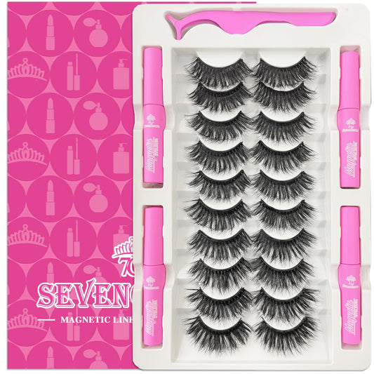 7C SevenCrown Magnetic Eyelashes with Eyeliner Kit 18-21MM Fluffy Dramatic Faux Mink Lashes 10 Pairs Long Luxury Volume Fake Eye Lashes Easy to Apply Cruelty-Free&Vegan