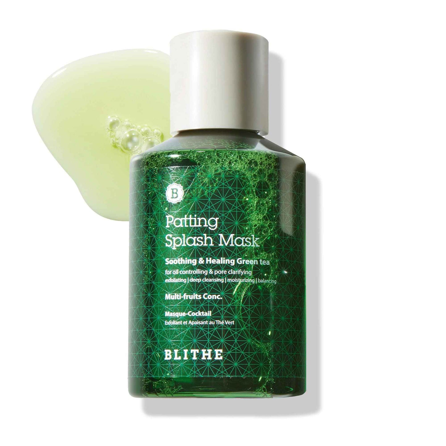BLITHE Patting Splash Mask Face Exfoliator with Soothing & Healing Green Tea - Lactic Acid Exfoliating Face Wash for Acne Prone Skin, Vegan K Beauty Oil Controlling & Pore Clarifying 5.07 Fl Oz