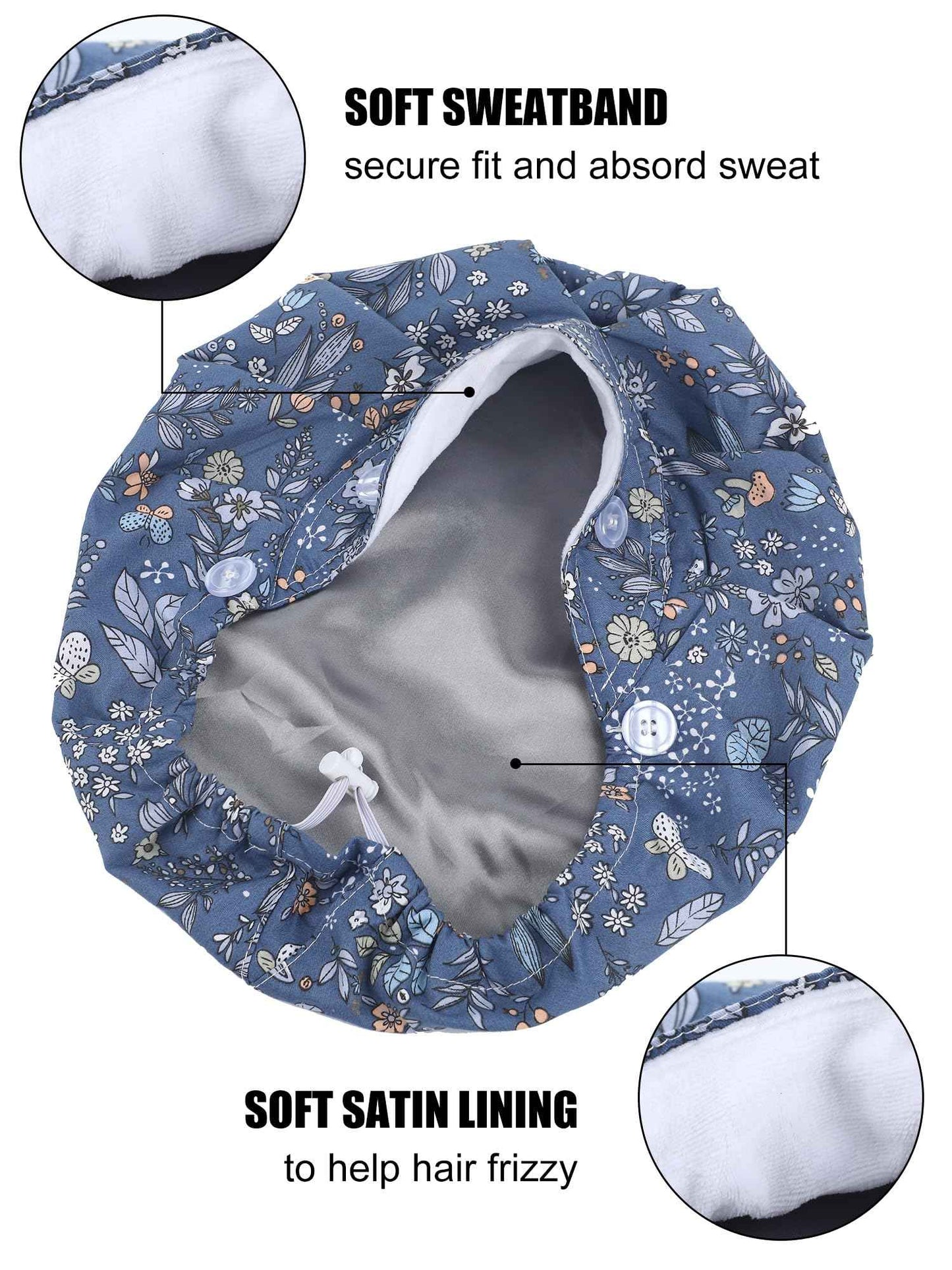 Floraltop 6 Pcs Satin Lined Scrub Caps Women Nurse Surgical Hat with Buttons Ponytail Working Adjustable Pouch Tie Back(Classic Style)