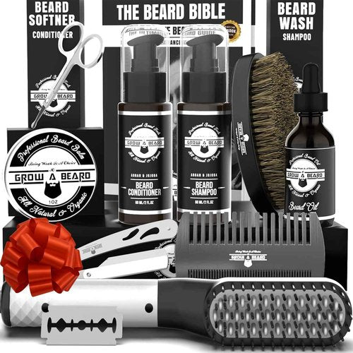Beard Straightener Grooming Kit for Men, Beard Growth Kit, Wash, Brush & Comb, Unscented Growth Oil, All Natural Sandalwood Balm, Conditioner, Razor & Scissors, Great Gift Idea for Men's (Black)