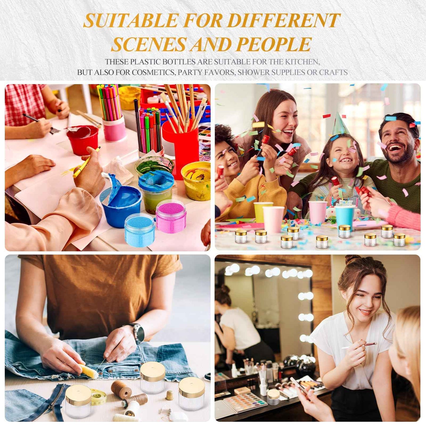 Patelai 60 Pcs Plastic Container Jars with Lids Round Clear Travel Cosmetic Container Jars for Toiletries, Lotion, Cream, Ointments, Makeup, Rhinestone, Samples, Kitchen Storage(Gold,2 oz)