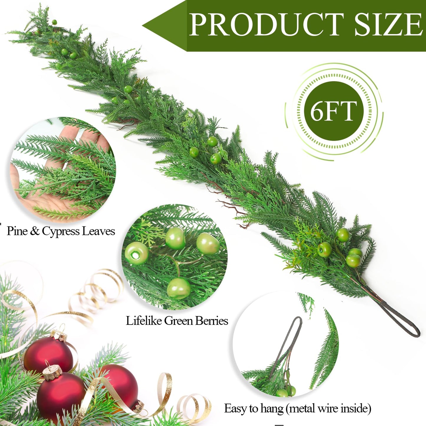 Norfolk Pine Cypress Garlands with Green Berry, 6Ft Artificial Soft Christmas Pine Garland with10Ft Light String, Green Real Touch Greenery Garland for Table, Mantle, Premium Christmas Decorations.