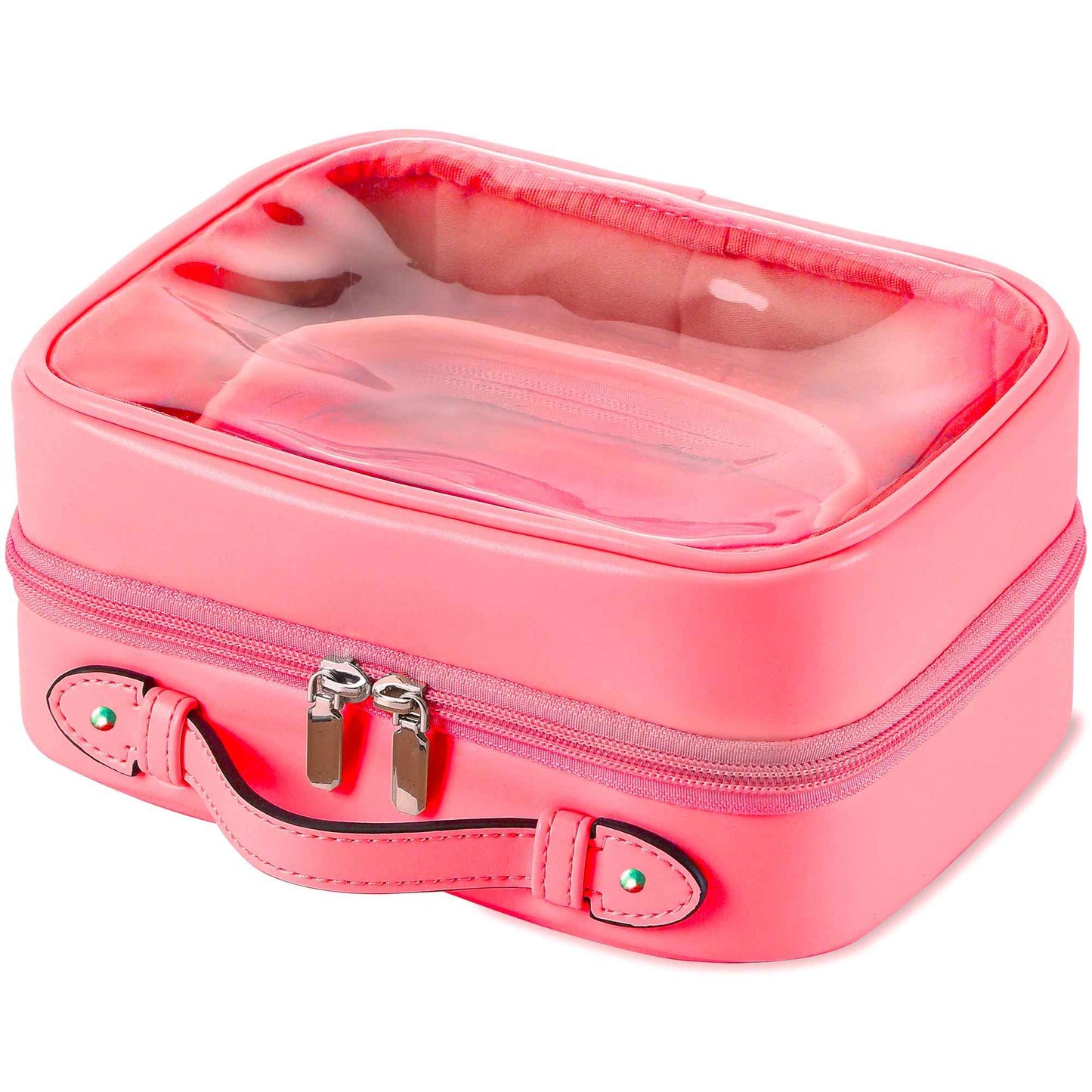 Veki TSA Approved Toiletry Bag Transparent Makeup bag Double Travel Cosmetic bags Case Waterproof Toiletries Bag Large Capacity Open Storage bag Organizer for Women and Girls (Small Rose Red)