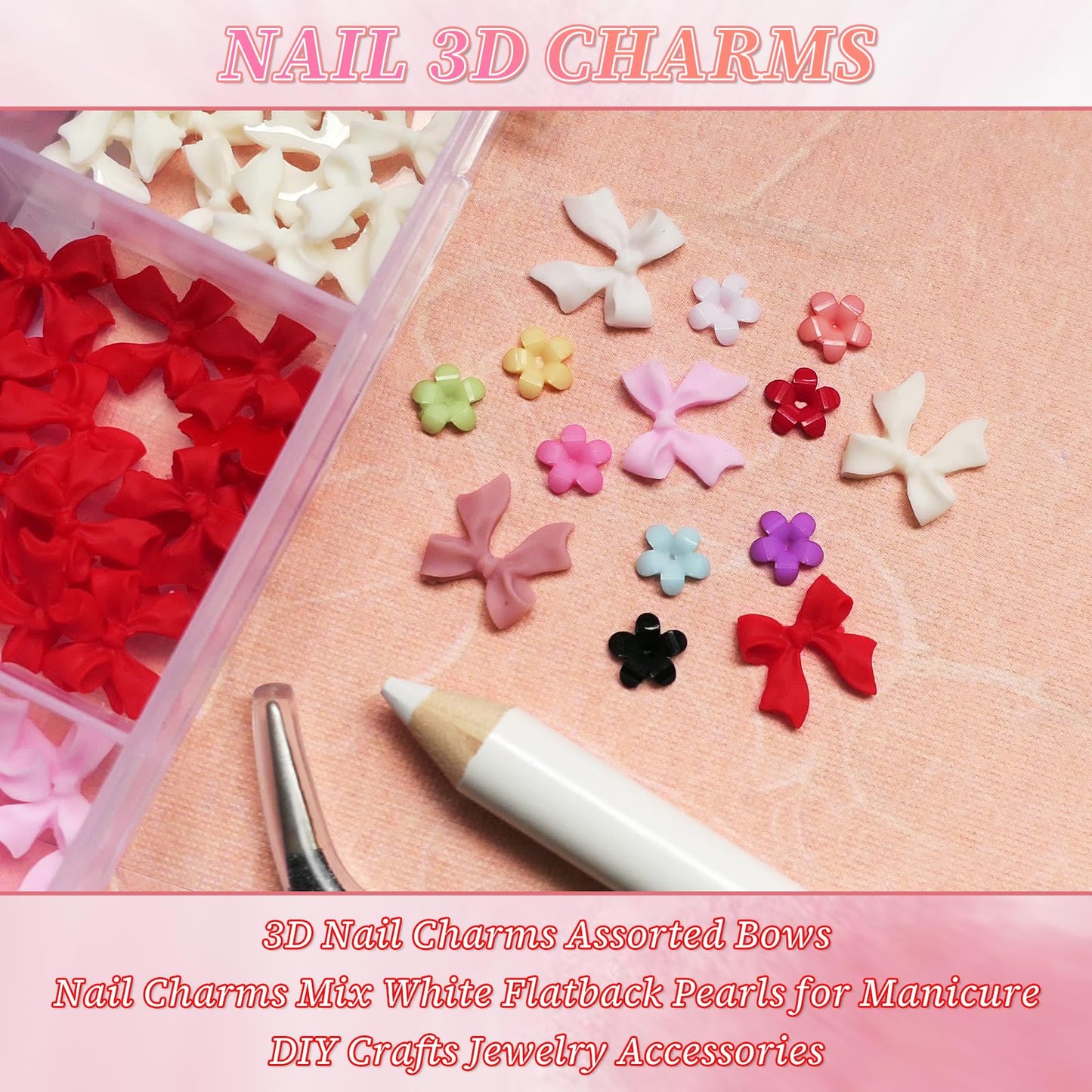 LoveOurHome 3D Flower Nail Charms Cute Bow Charms Nail Decorations Kit Bow-knot Floral Nail Charms Studs Gold Silver Beads Acrylic Nail Design Resin Accessories Jewelry Nail Supplies with Tweezer