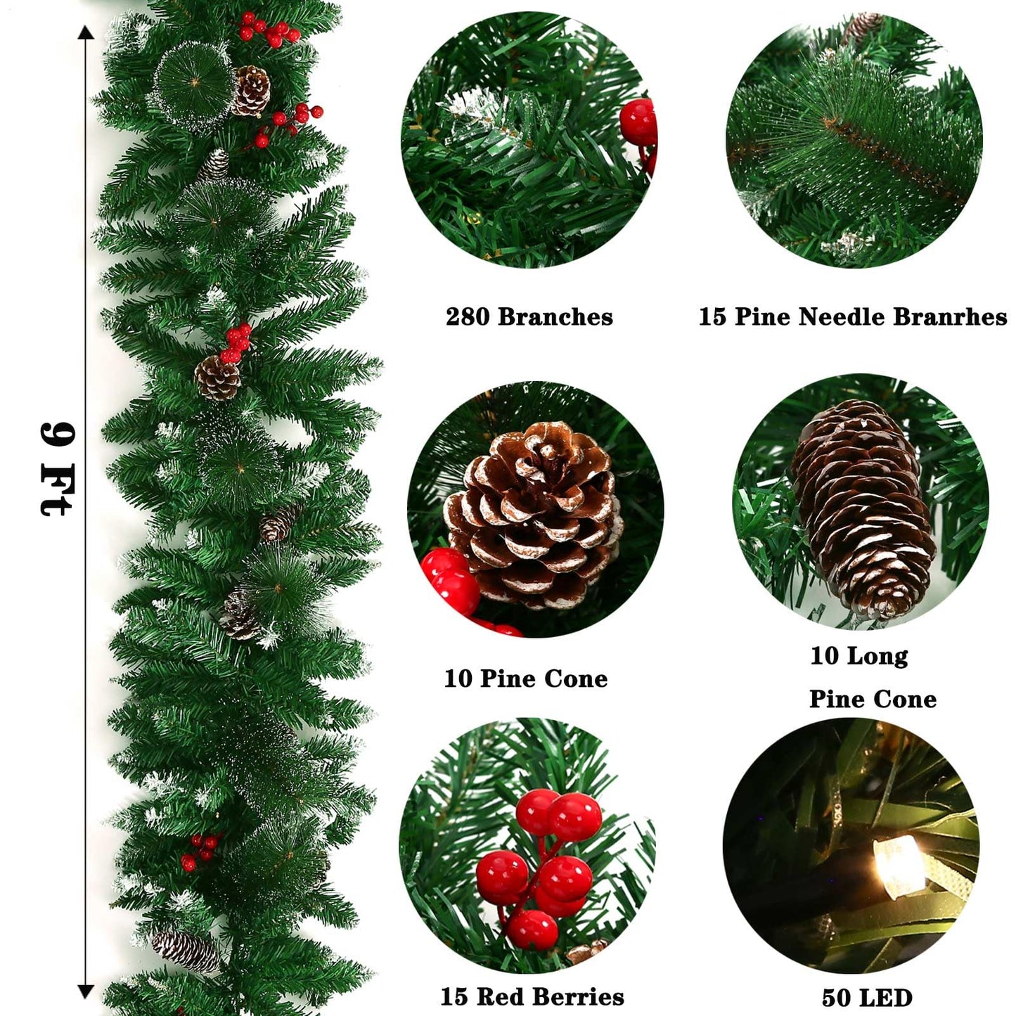 9 Feet Christmas Lighted Garland with 50 Lights, Battery Operated Artificial Snowy Garland Plants with Pine Cone Red Berry Garlands for Indoor Outdoor Home Fireplace Staircase Christmas Decorations