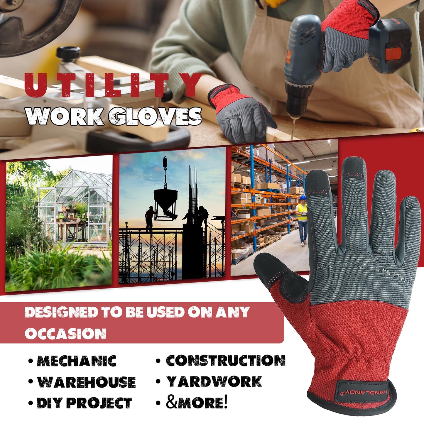 HANDLANDY Mens Work Gloves, Flexible Utility Working Gloves, Touch Screen Outdoor Yard Gloves (Grey-red, Small (Pack of 1))