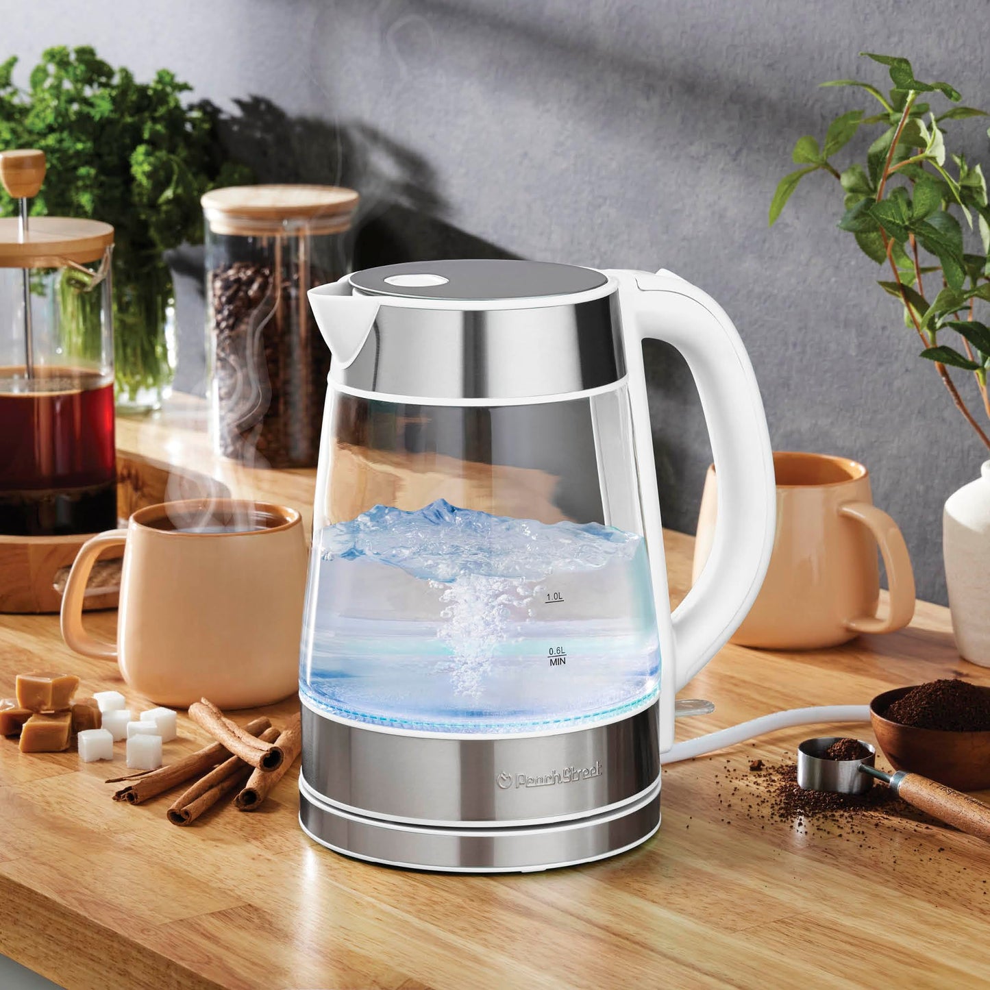 Speed-Boil Water Electric Kettle, 1.7L 1500W, Coffee & Tea Kettle Borosilicate Glass, Water Boiler, Auto Shut-Off, Cool Touch Handle, Base Detachable, LED. 360° Rotation, Boil Dry Protection (White)