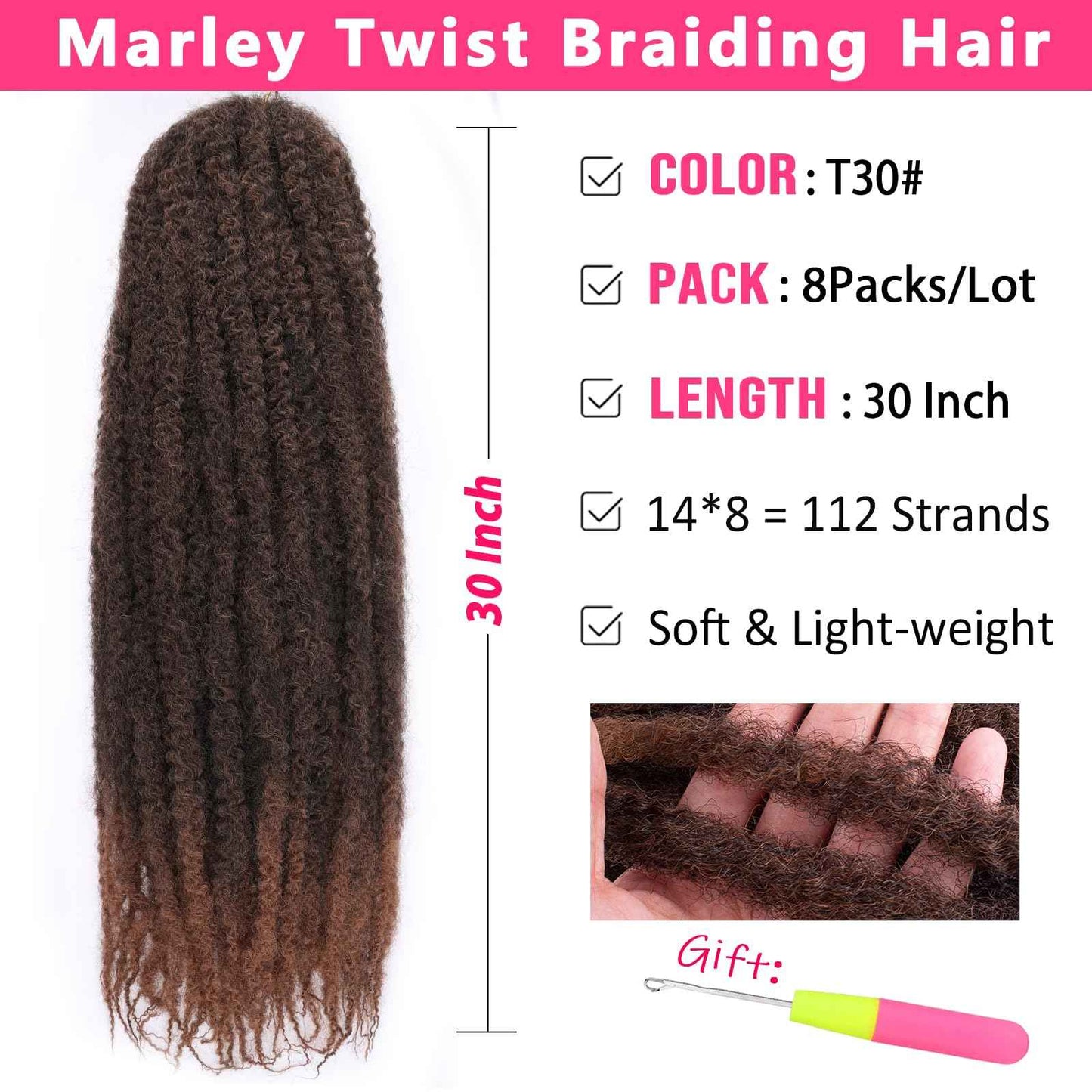 RuiYok 30 Inch Marley Twist Braiding Hair Ombre Brown Marley Hair Crochet Braids 8 Packs Pre-Separated Springy Afro Kinky Twist Hair for Black Women Long Braiding Hair for Crochet Locs Braids T30#