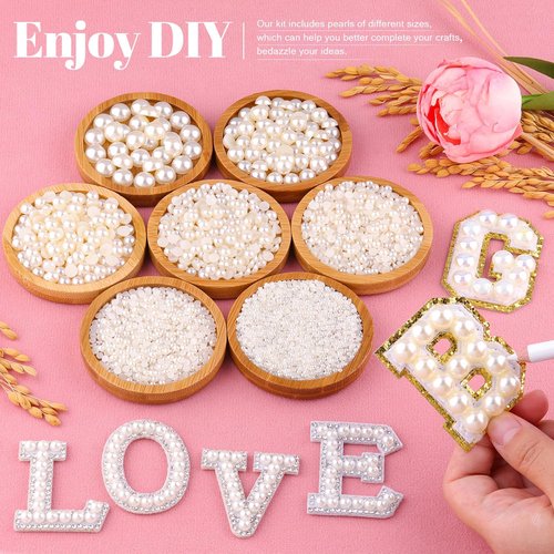 13000Pcs Flatback Pearls for Crafting (White), Assorted Size 2/3/4/5/6/8/10mm Half Pearl with 3Pcs 10ml B7000 Jewelry Glue, Bedazzling Bead for DIY Crafts Clothing Tumbler Shoes Embellishment Nail Art
