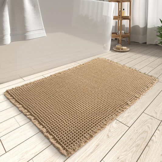 AMOAMI Upgraded Waffle Bath Mat, Super Absorbent Non Slip Bath Mats for Bathroom Floor, Machine Washable Bathroom Rugs with Tassels, Rubber Backed Bathroom Mats, Ultra Soft, 17" x 24", Brown