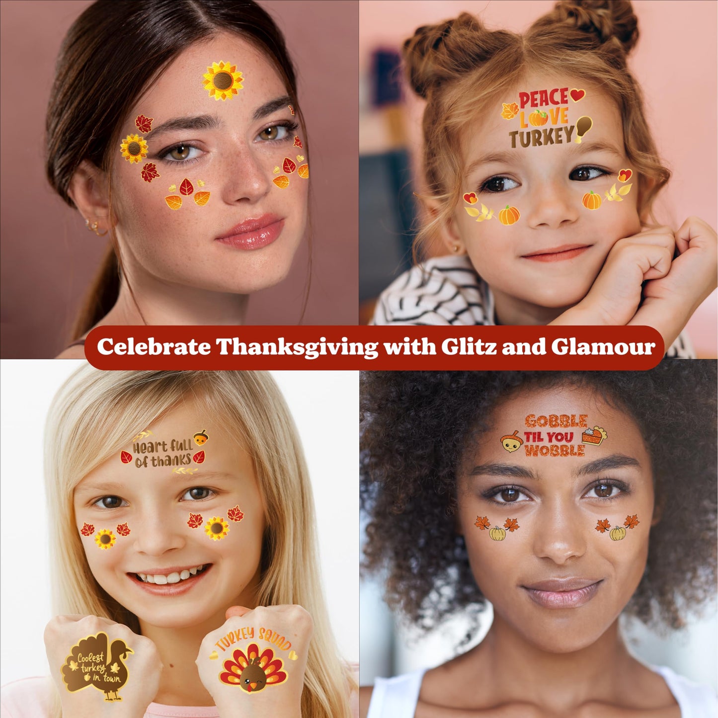 Thanksgiving Party Supplies Temporary Tattoos Glitter & Metallic. Face Tattoos for Kids & adults. Thanksgiving Goodie Party Favors. Fall Activities.Give Thanks, Blessed, Turkey, Pumpkins, Autumn Decor