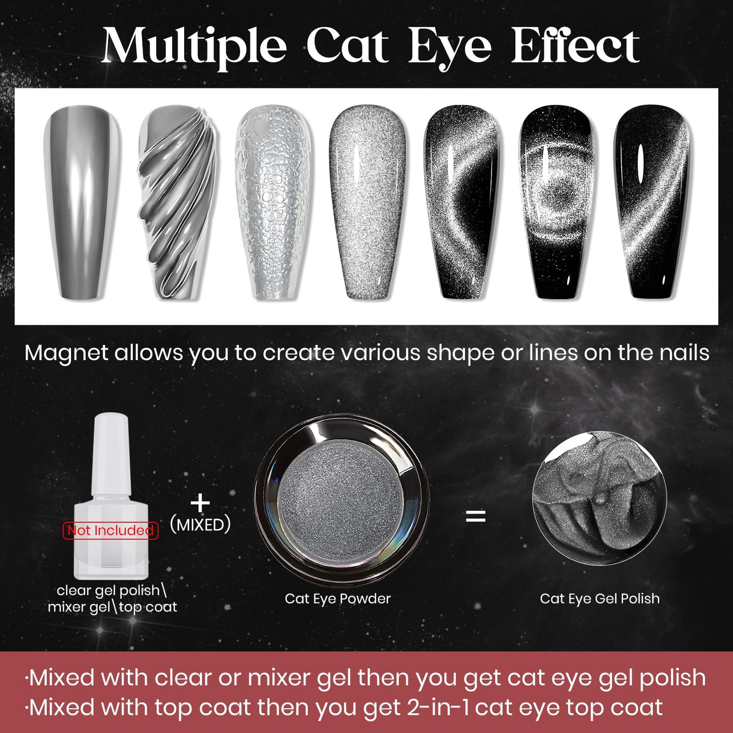 MIZHSE 9D Cat Eye Chrome Nail Powder Mirror Effect, Silver Magnetic Glitter Pigment Powder for Gel Nails Chameleon Cateye Magic Galaxy Nail Art Powder with Magnet