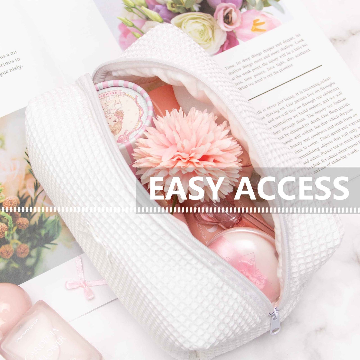 PAZIMIIK 6PCS Cozy Makeup Bag SET Travel Cosmetic Bag for Women Soft Toiletry Bag Aesthetic Makeup Organizer Portable Large Zipper Pouch for Skincare Beauty Accessories Brushes Waffle Check White