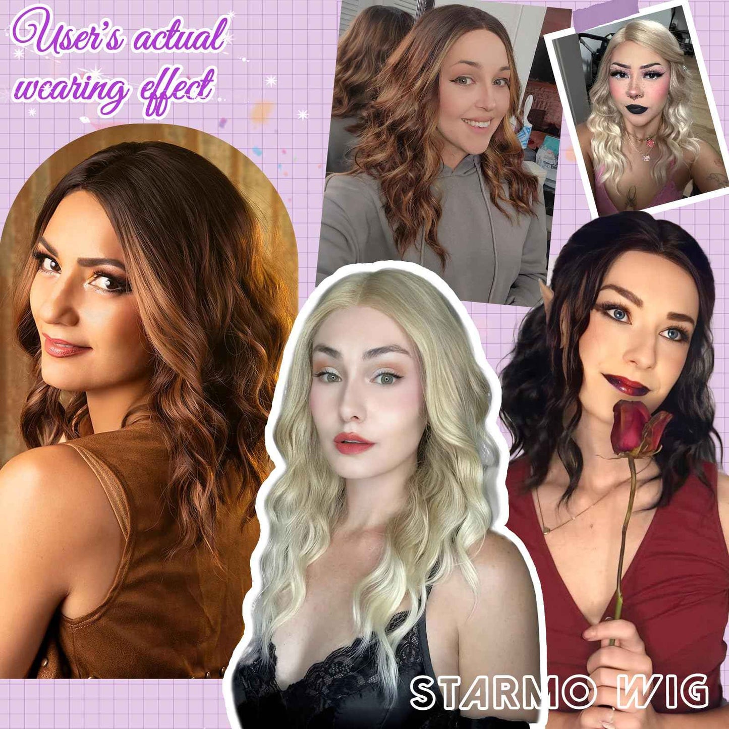 Starmo Ombre Light Brown With Blonde Short Wavy Bob Glueless Synthetic Lace Front Wig for Women Pre Cut for Beginners Natural Hairline 14 Inch