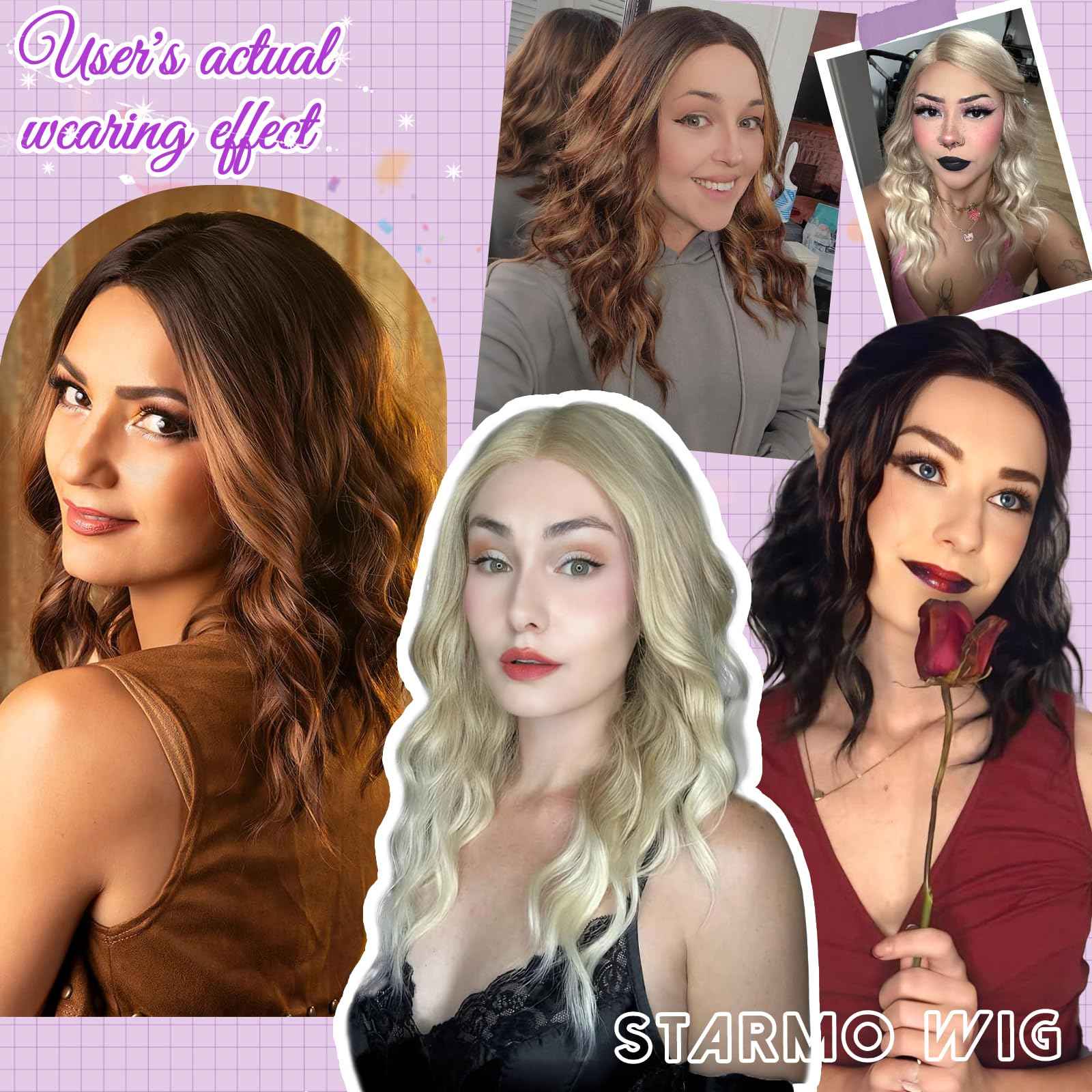 Starmo Ombre Light Brown With Blonde Short Wavy Bob Glueless Synthetic Lace Front Wig for Women Pre Cut for Beginners Natural Hairline 14 Inch