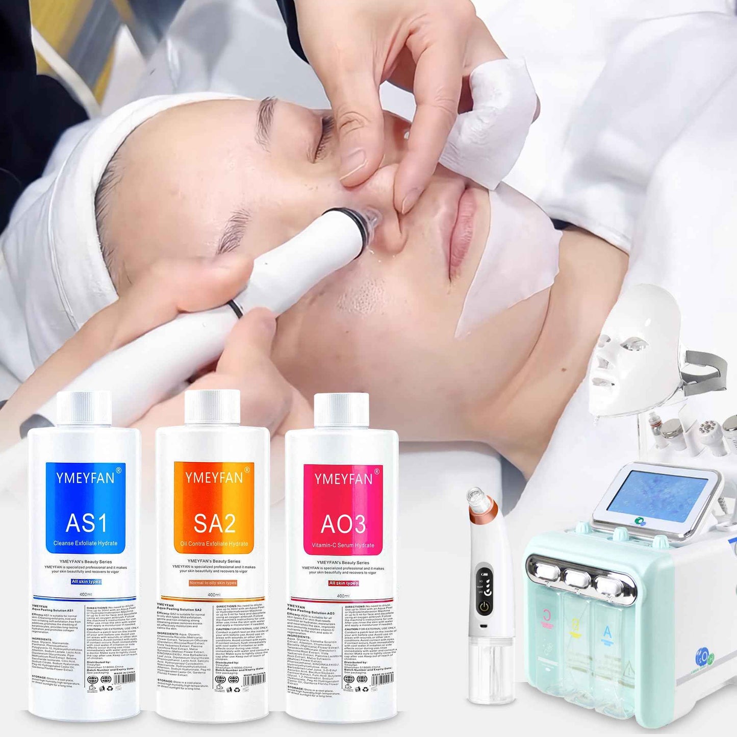 YMEYFAN AS1 Solution for Hydrate Facial Machine (English Ver.), AS1 SA2 AO3 Aqua Peeling Solution for Hydrogen Oxygen Facial Machine, Nourishing Exfoliate Serums for Face Skin Care(400ml x 3Bottles)