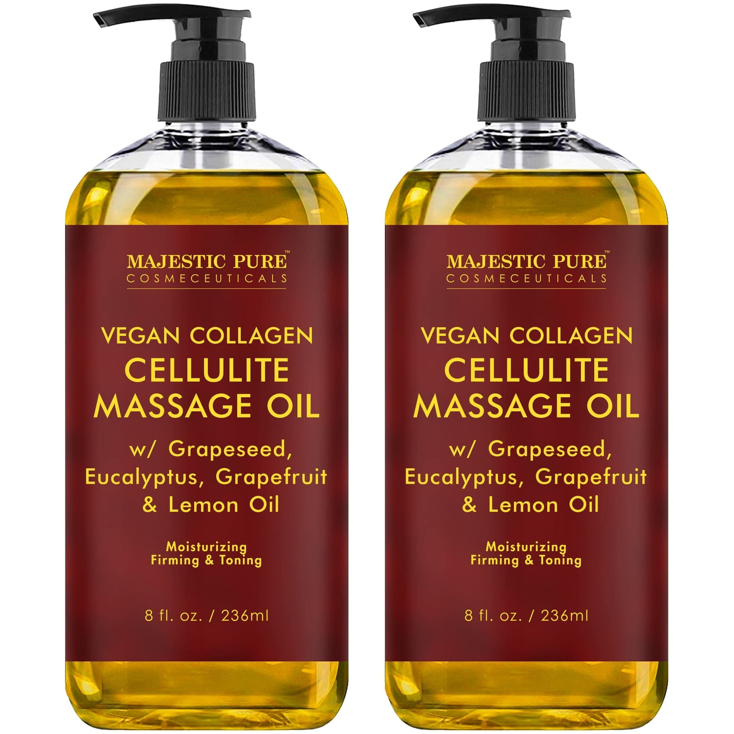 MAJESTIC PURE Cellulite Massage Oil - with Vegan Collagen & Stem Cells, Unique Blend of Massage Essential Oils - Anti Cellulite Oil Improves Skin Tightening and Firming, 2 x 8 fl oz