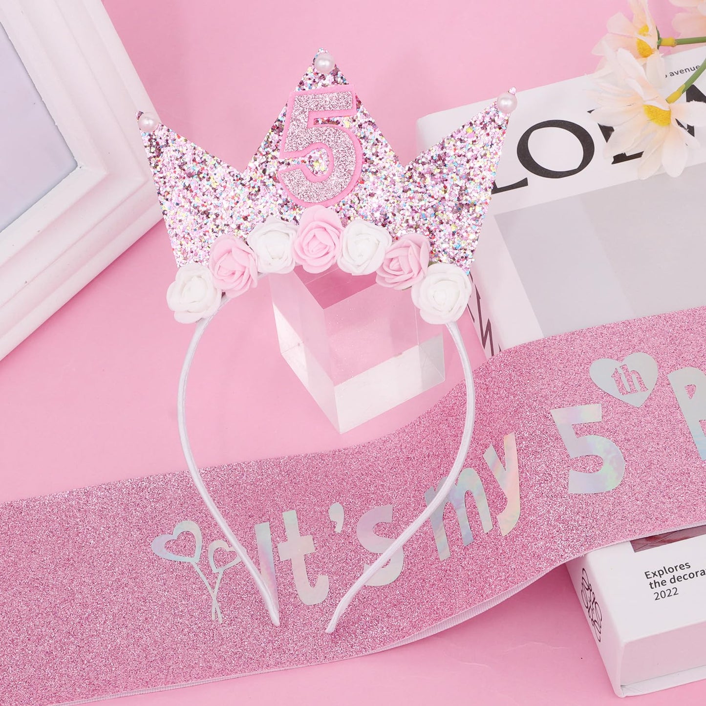 YARIEW 5th Birthday Decorations for Girls, 5th Birthday Headband and Glitter Birthday Sash Kit, Birthday Tiara Flower Princess Crown Headband It's My 5th Birthday Sash Birthday Girl Outfit