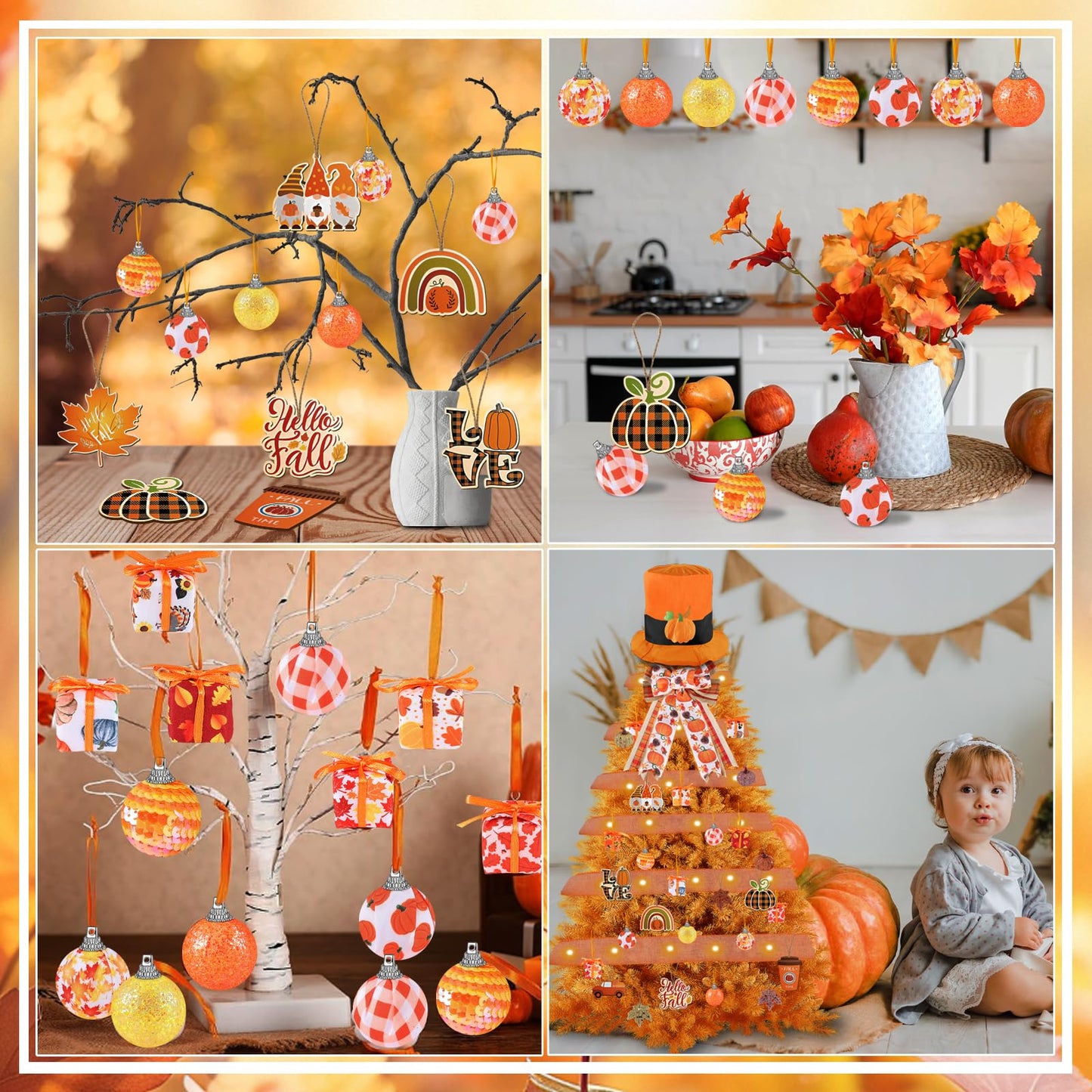 44 Pcs Fall Thanksgiving Day Decorations Fall Thanksgiving Day Tree Ornaments Tree Topper Fall Wooden Hanging Ornaments with Bow and Ribbon for Fall Thanksgiving Day Holiday Party Tree Hanging Decor