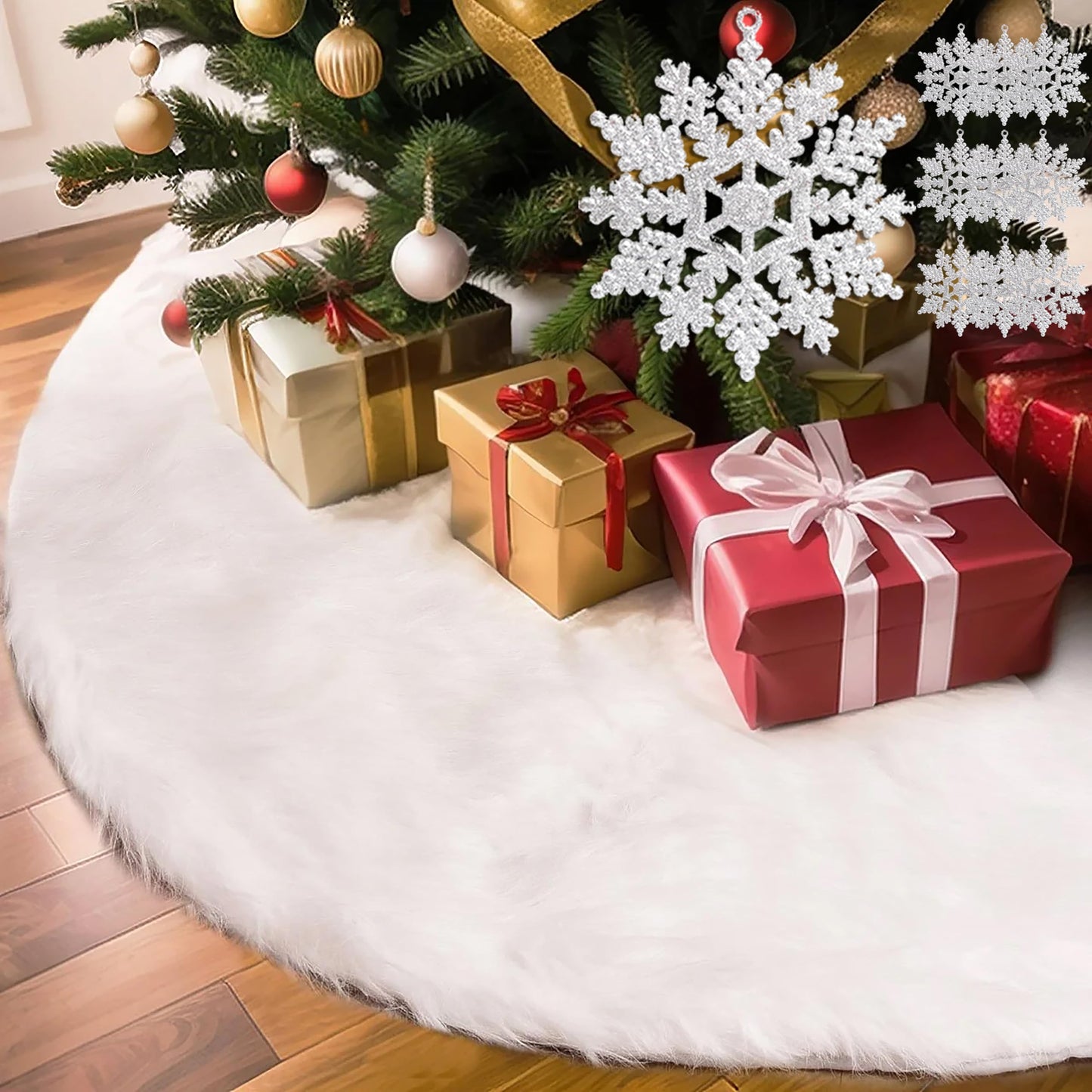 White Christmas Tree Skirts for Christmas Decorations 48 Inches. The Bare Base of Xmas Tree for Christmas Parties and Holidays - White Faux Fur Tree Skirt for a Chic Christmas Look in Christmas Party.