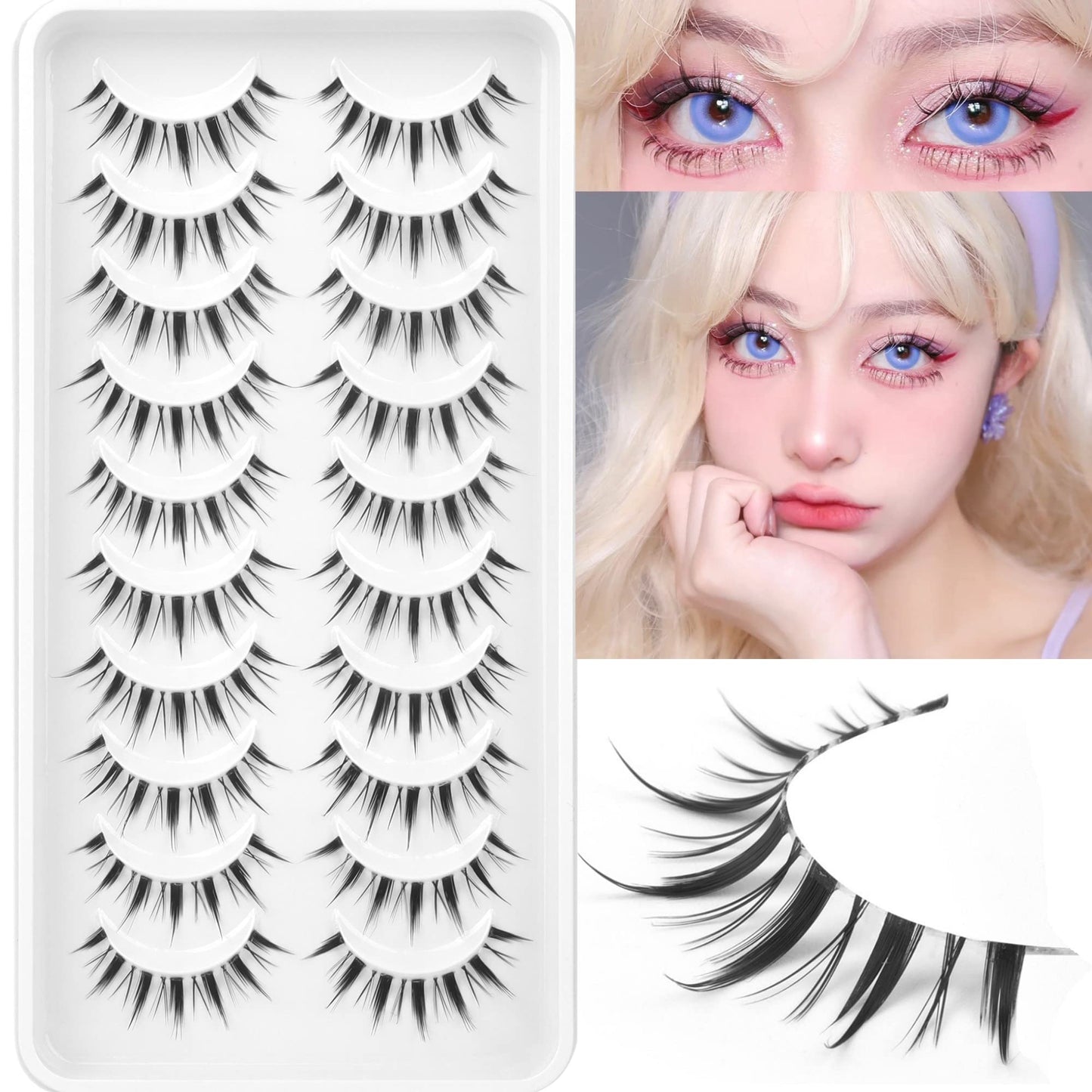 Geeneiya Manga Lashes Natural Look Anime False Eyelashes Faux Mink Eye Lashes Pack D Curl Strip Fake Lashes Chinese Korean Japanes Makeup,10 Pairs