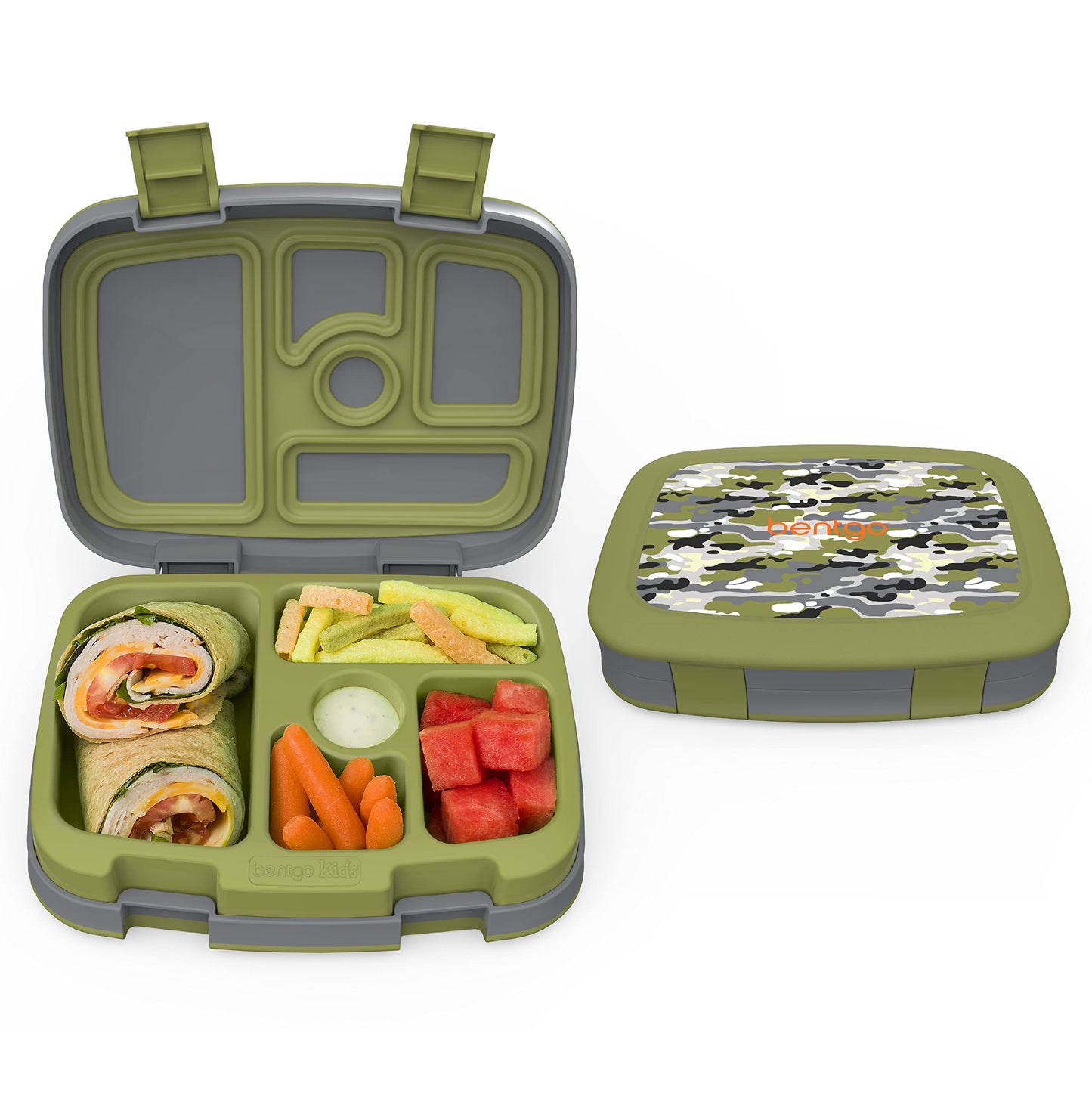 Bentgo Kids Prints Leak-Proof, 5-Compartment Bento-Style Kids Lunch Box - Ideal Portion Sizes for Ages 3 to 7 - BPA-Free, Dishwasher Safe, Food-Safe Materials (Camouflage)