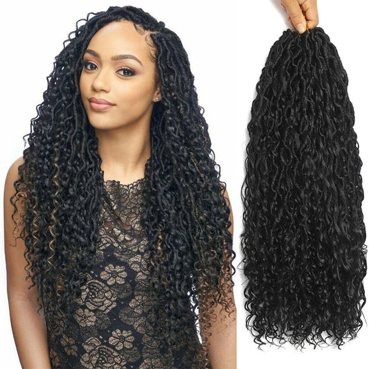 28 Inch Goddess Locs Crochet Hair 8 Packs Boho Faux Locs Crochet Braids for Black Women, Pre Looped Hippie River Locs Crotchet Hair with Curly Ends (28inch (pack of 8), 1B)