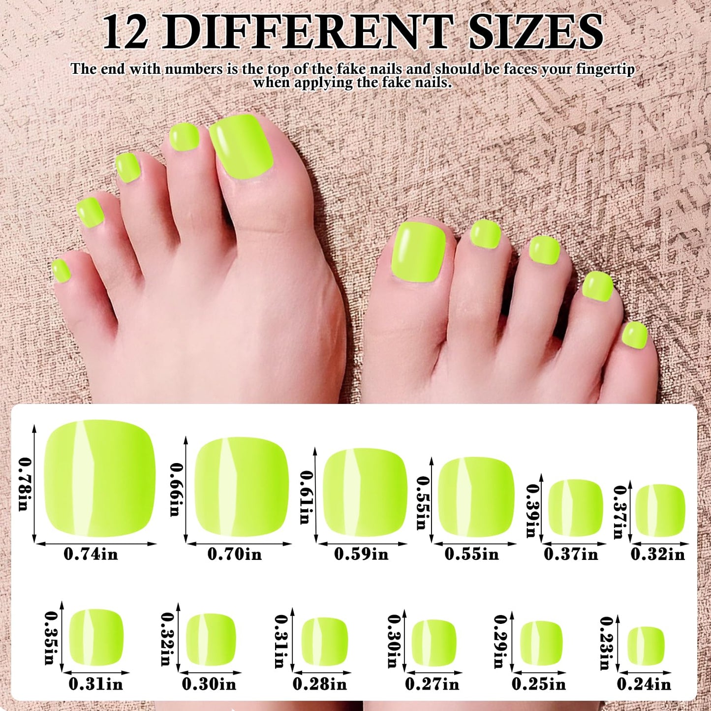 LuckForever Short Press on Toenails 240pc Glossy Neon Yellow Press on Toenails Short Square Fake Toe nails Full Cover 10 Nail Adhesive Tabs,Small Wooden Sticks & Nail Files False Toenails for Women