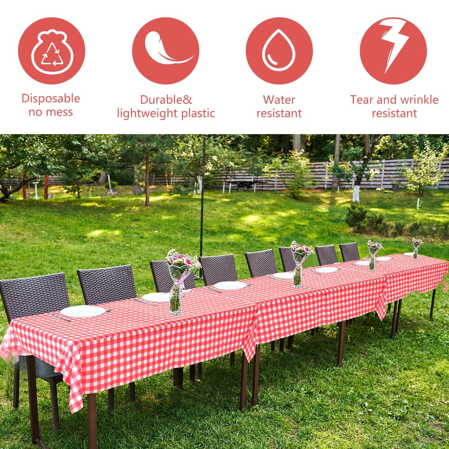 Preboun 3 Roll Checkered Tablecloth 54 in x 100 FT Plastic Table Cloth Roll with Cutter Red Gingham Tablecloth Disposable Thick Plastic Table Cover for Party Picnic Holiday Christmas Outdoor