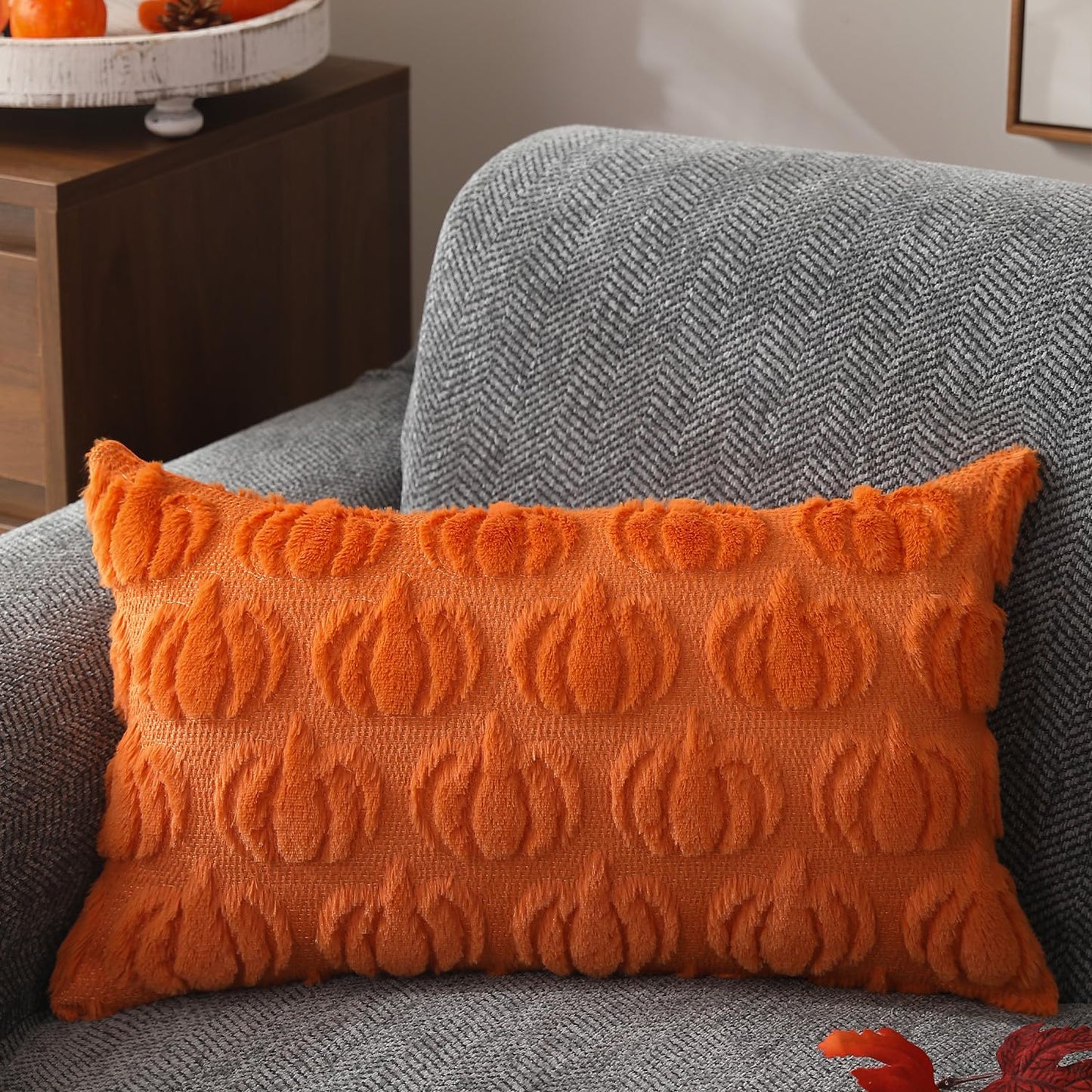 DFXSZ Fall Pillow Covers 12x20 Set of 2 Fall Decorations Autumn Orange Pumpkin Throw Pillow Cases Soft Plush Faux Fur Wool Couch Cushion Case for Chair Sofa Bedroom Living Room Home Decor PTK02C12