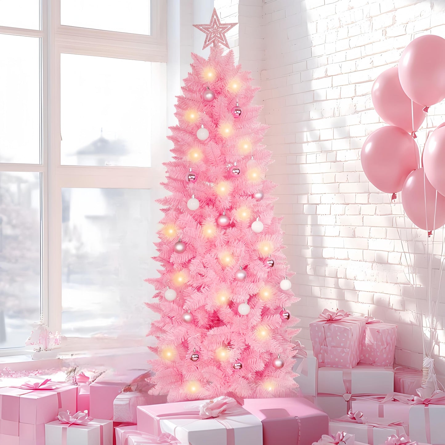 XmasExp Pink Skinny Pencil Christmas Tree, 6ft Artificial Slim Thin Christmas Tree with Warm LED Lights String 8 Lighting Modes and Christmas Ball Onaments