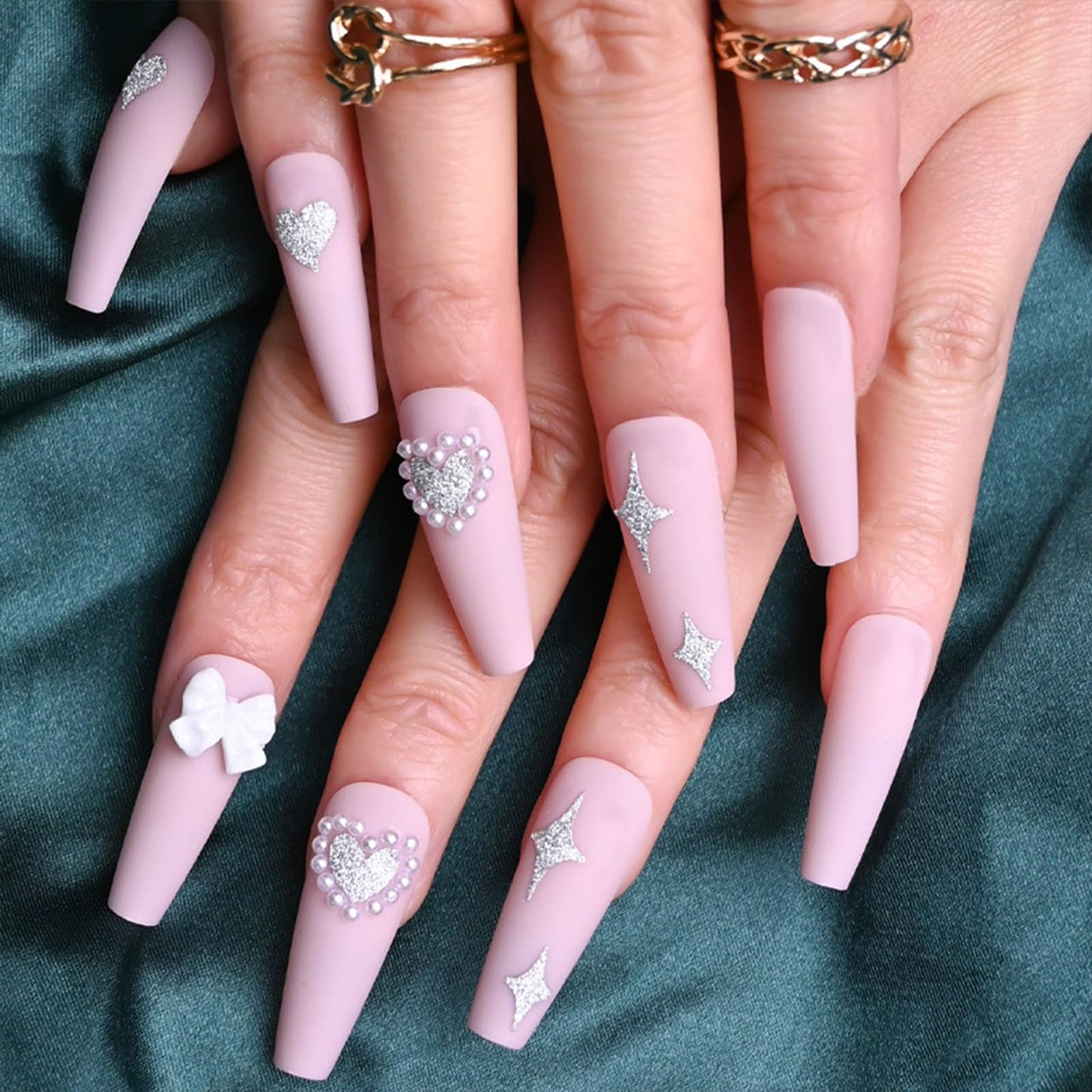 Pink Long Press on Nails Coffin Love Bow-knot Star Acrylic Nails Press ons with Pearl Design Full Cover False Nails with Glue for Women and Girls 24Pcs