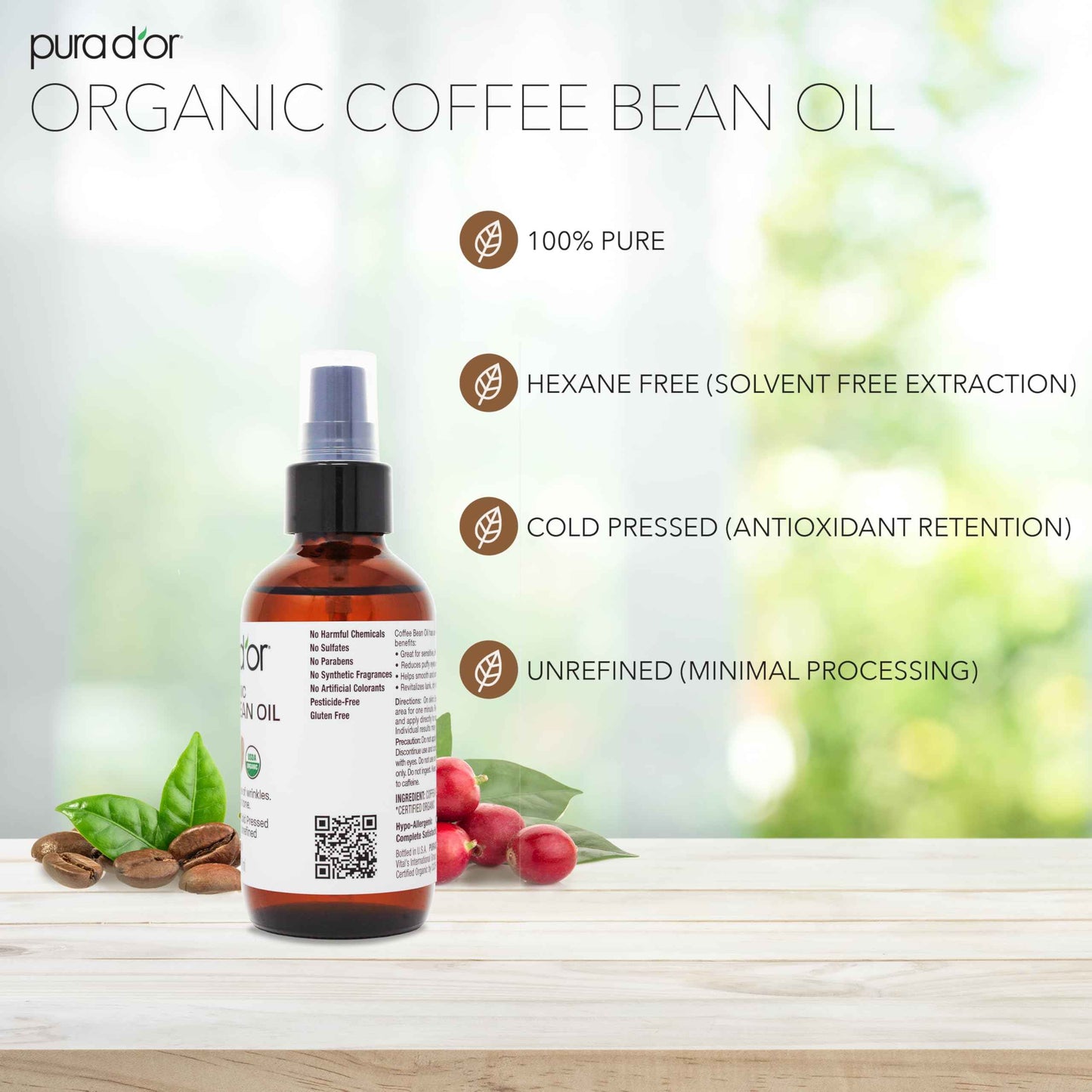 PURA D'OR 3.38 Oz ORGANIC Coffee Bean Oil - 100% Pure USDA Certified Premium Grade Natural Moisturizer, Cold Pressed, Unrefined, Hexane-Free Base Carrier Oil for DIY Skin Care For Men & Women