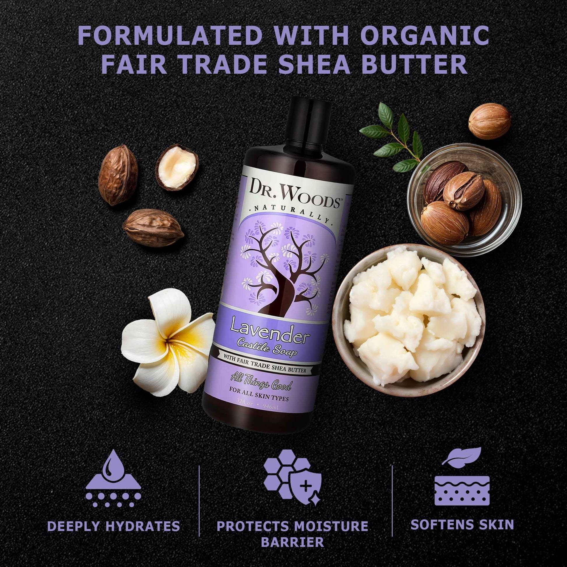 Dr. Woods Lavender Liquid Castile Soap - Castile Soap with Pure Lavender Oil, Body Wash for Men and Women, Organic Shea Butter, Natural Cleaner for Face, Hands, and Body - 32 Fl Oz, Pack of 3