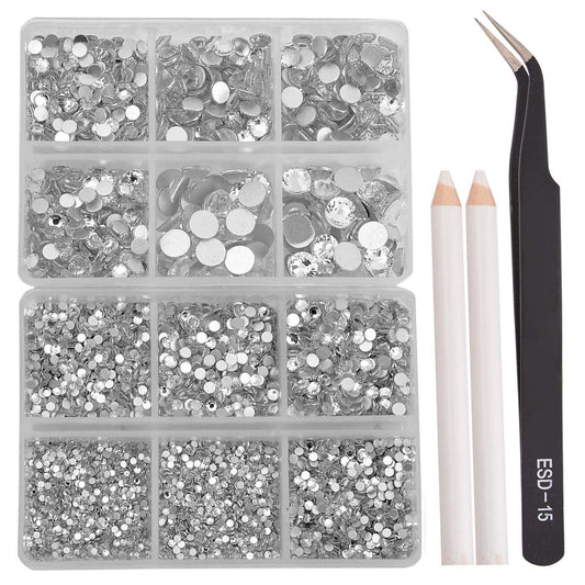 NCB 8000pcs Non Hotfix Rhinestones 10 Sizes Flatback Crystal Glass Rhinestones with Tweezers and Picking Pen for Nail Art Clothes Bags Phone Decorations Crafts DIY (001 Crystal Mix SS3-SS30)