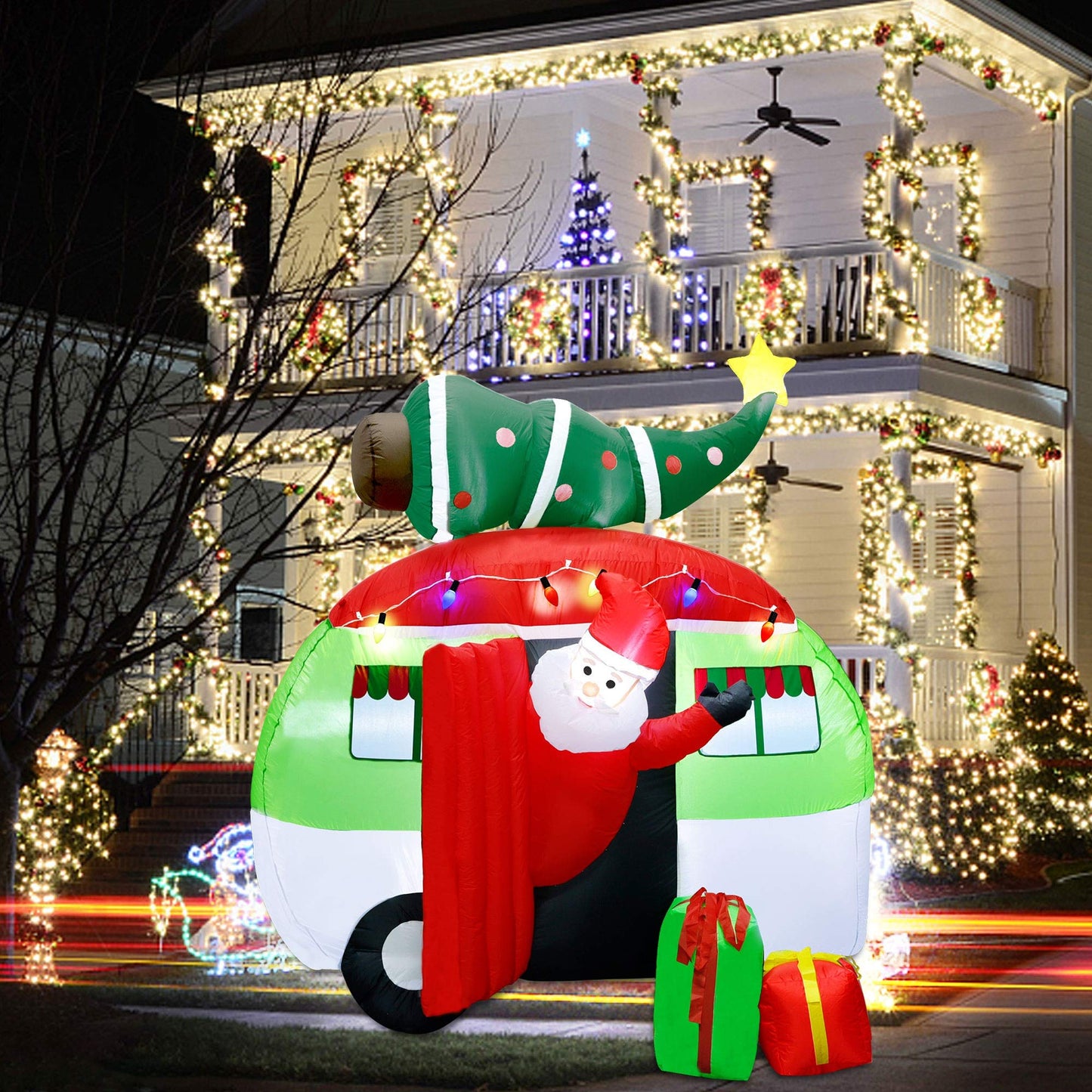 ATDAWN 7 ft Christmas Inflatable Santa Claus Driving a Car with Christmas Tree and Gift Boxes, Blow Up Lighted Yard Decoration, Inflatable Christmas Holiday Outdoor Lawn Yard Garden Decorations