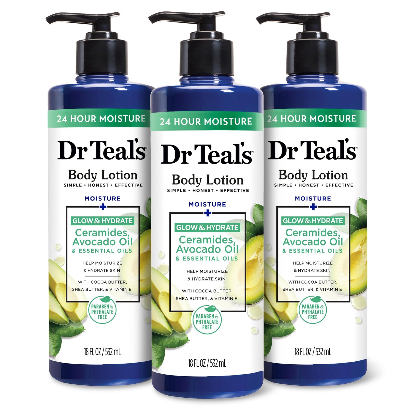 Dr Teal's Body Lotion, Glow & Hydrate Ceramides & Avocado Oil, 18 fl oz (Pack of 3)