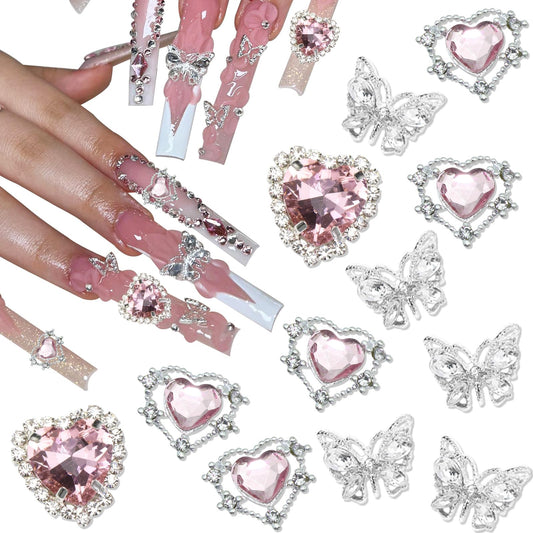 RODAKY Pink Heart Nail Gems 3D Silver Butterflies Nail Art Charms Shiny Nail Rhinestone Gems Nail Decoration for Women Manicure DIY Crafts Design