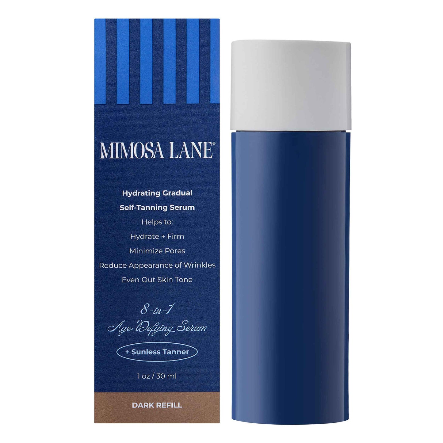 Mimosa Lane 8-in-1 Age Defying Serum REFILL, Hydrating Gradual Self-Tanning for Face, with Anti-Aging Hyaluronic Acid and Vitamin B, C, E, Sunless Tanner, Fragrance-Free, Vegan, 1 oz, Dark