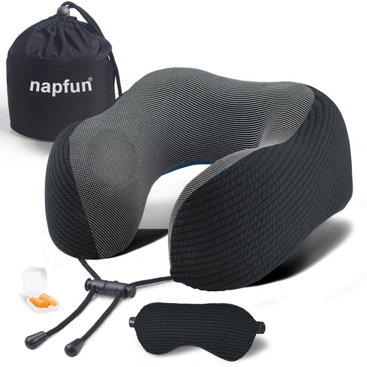 napfun Neck Pillow for Traveling, Upgraded Travel Neck Pillow for Airplane 100% Pure Memory Foam Travel Pillow for Flight Headrest Sleep, Portable Plane Accessories, Striped Black