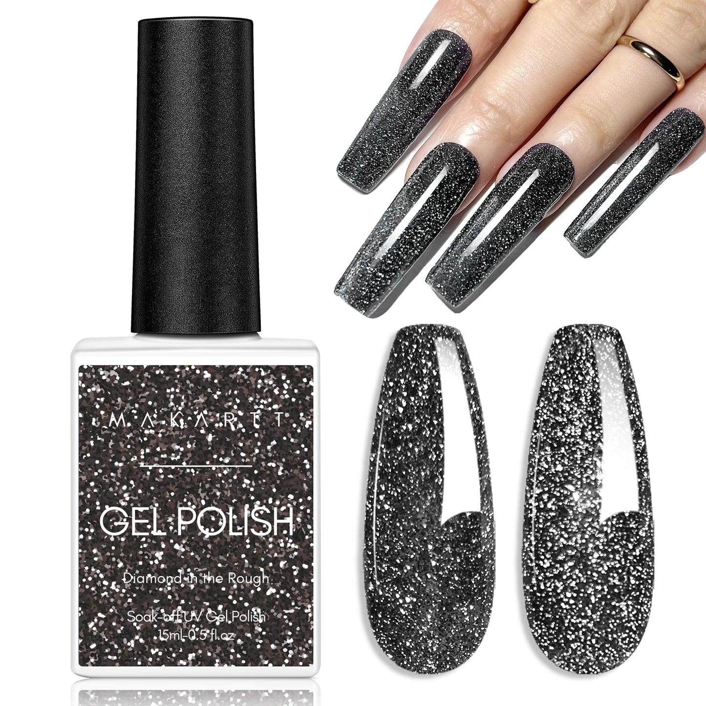 Makartt Reflective Gel Nail Polish DIAMOND IN THE ROUGH Glitter Sparkling Disco Soak Off Diamond Gel Nail Art Christmas Gift DIY Manicure Salon at Home Glamour Shine Black 15ML