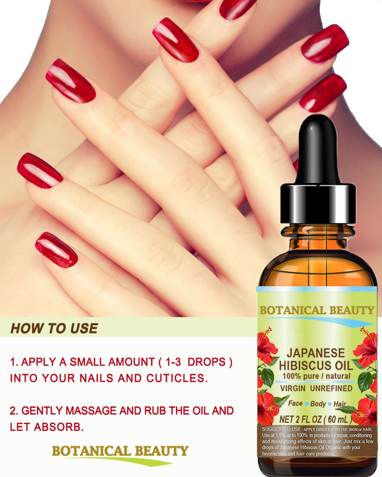 Botanical Beauty HIBISCUS OIL (Hibiscus Sabdariffa) JAPANESE 100 Pure Natural VIRGIN UNREFINED COLD PRESSED Anti Aging, Vitamin E oil for FACE, SKIN, HAIR GROWTH 2 Fl.oz.- 60 ml