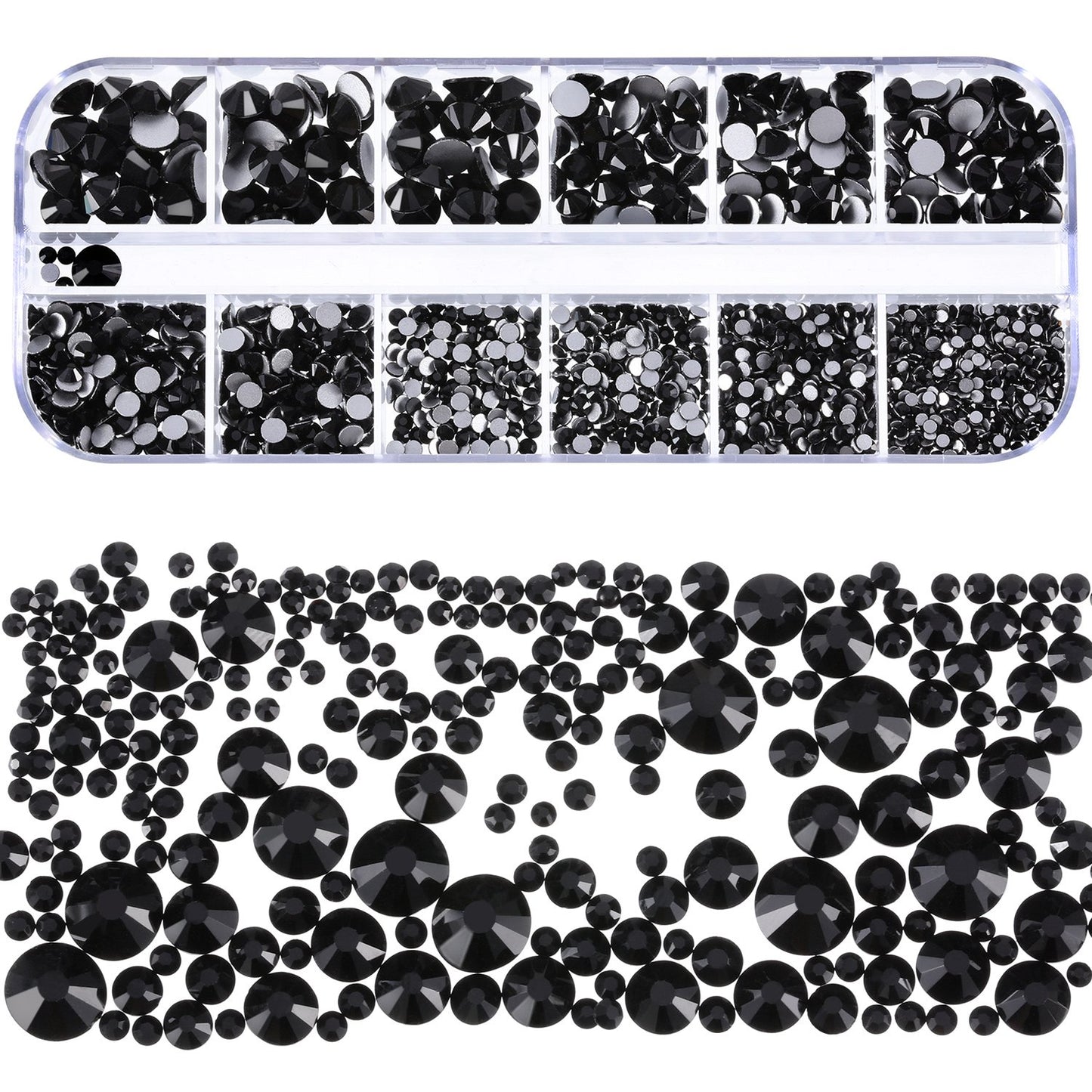 2000 Pieces Flat Back Gems Rhinestones 6 Sizes (1.5-6 Mm) Round Crystal Rhinestones with Pick up Tweezer and Rhinestones Picking Pen for Crafts Nail Clothes Shoes Bags DIY Art (Black)