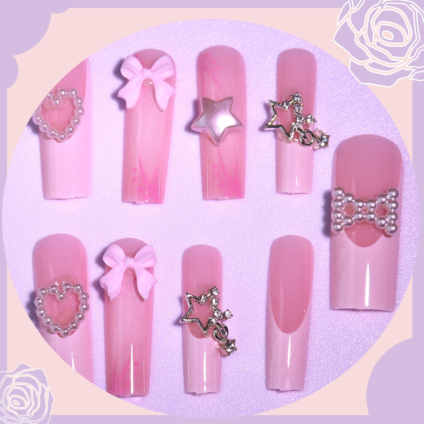 Pink Press on Nails Kit French Tip Nails Press Ones Charms Gems Star Pearl Long Rhinestone Pearl Fake Nails Artificial Coffin Gel Like Glossy 3D Bowknot False Nail Manicure for Women and Girls