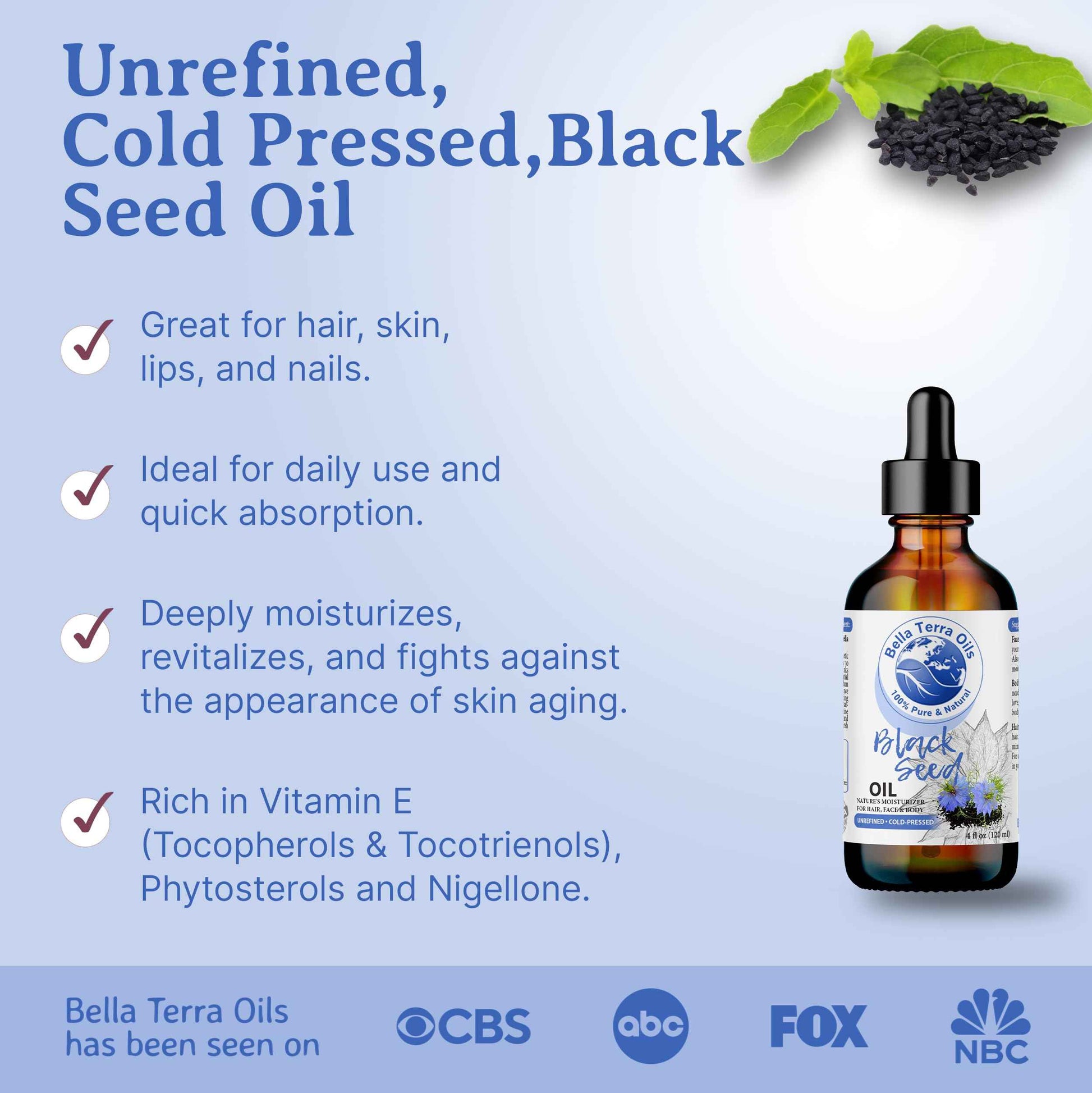 Bella Terra Oils - Black Seed Oil 16oz - Purity from Black Cumin Seeds, Bursting with Omega Fatty Acids & Vitamins, Enhance Your Beauty Regimen