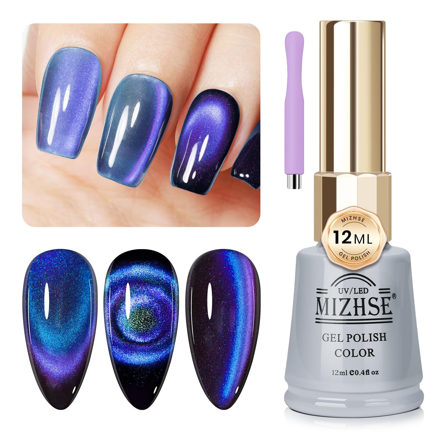 MIZHSE 9D Smooth Cat Eye Gel Nail Polish, Galaxy Magnetic Gel Polish Galaxy Holographic Gel Polish Soak Off Gel Nail Polish for Nail Art Manicure at Home 12mL