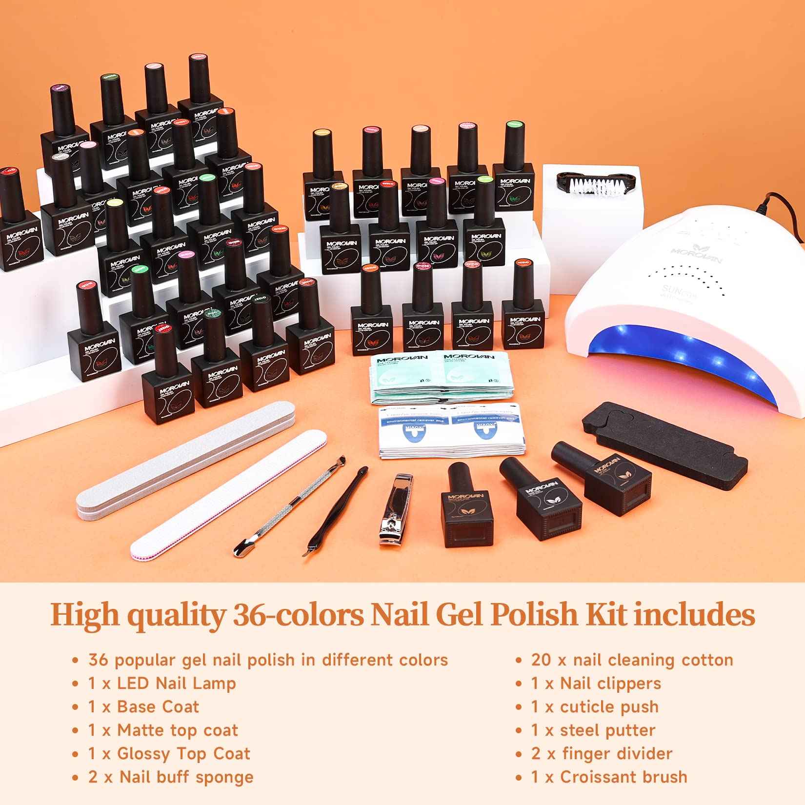 Morovan Gel Nail Polish Set - 36 Colors With UV Light, 48W Lamp, Base & Top Coats, Tools, Pure & Glitter Soak Off Kit, Large Capacity Manicure Starter Set, Gifts for Women