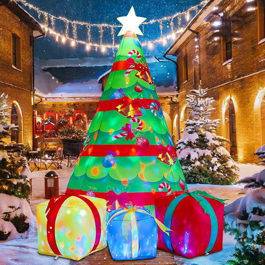 COMIN 7 FT Christmas Inflatables Tree Outdoor Decorations Blow Up Yard Gift Box with Built-in LEDs for Indoor Party Garden Lawn Decor